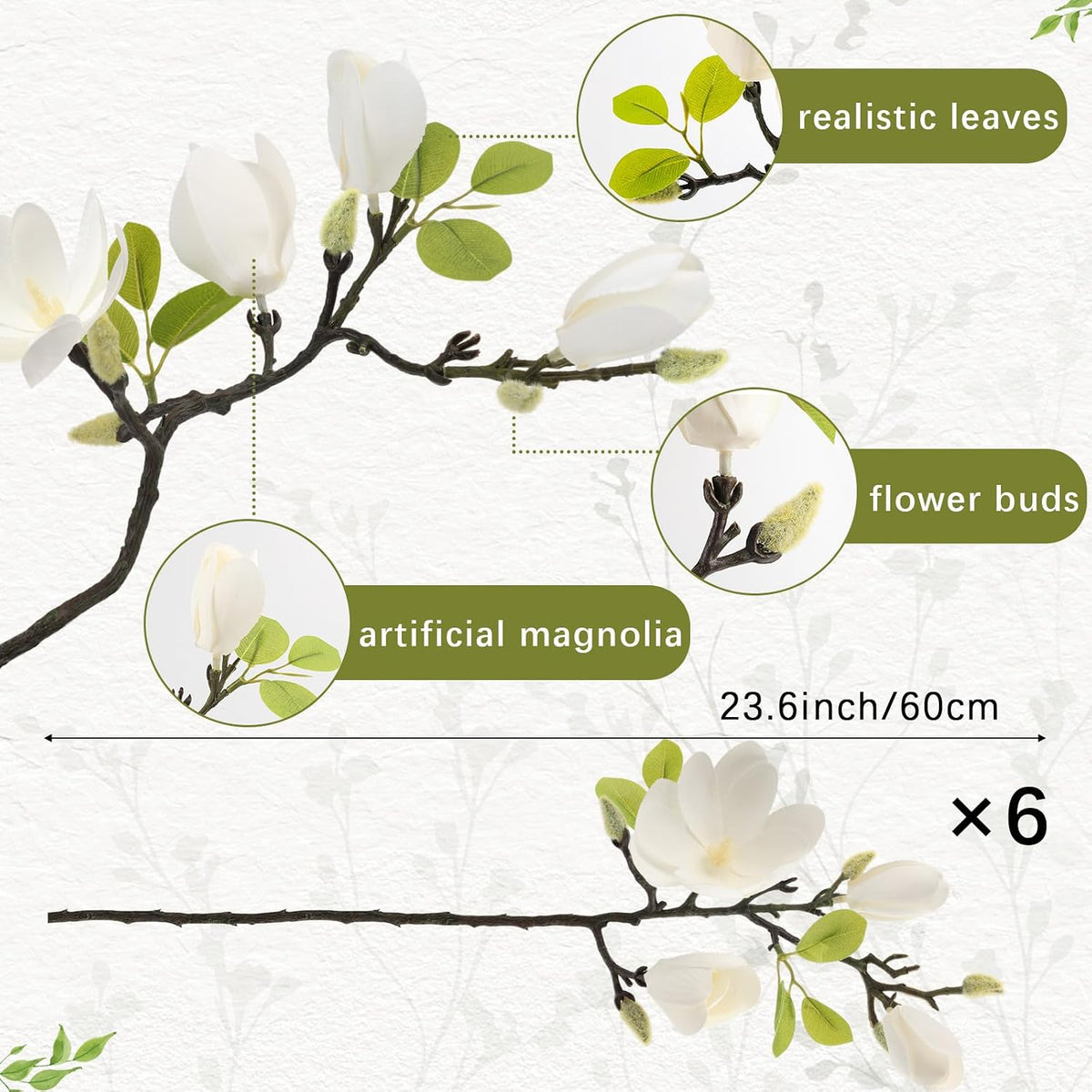 6 Pack Faux Magnolia Stems for Vase, 22" Artificial White Magnolia Flowers Elegant Fake Magnolia Branches for Table Centerpieces Decor, Wedding, Living Room Home Decoration