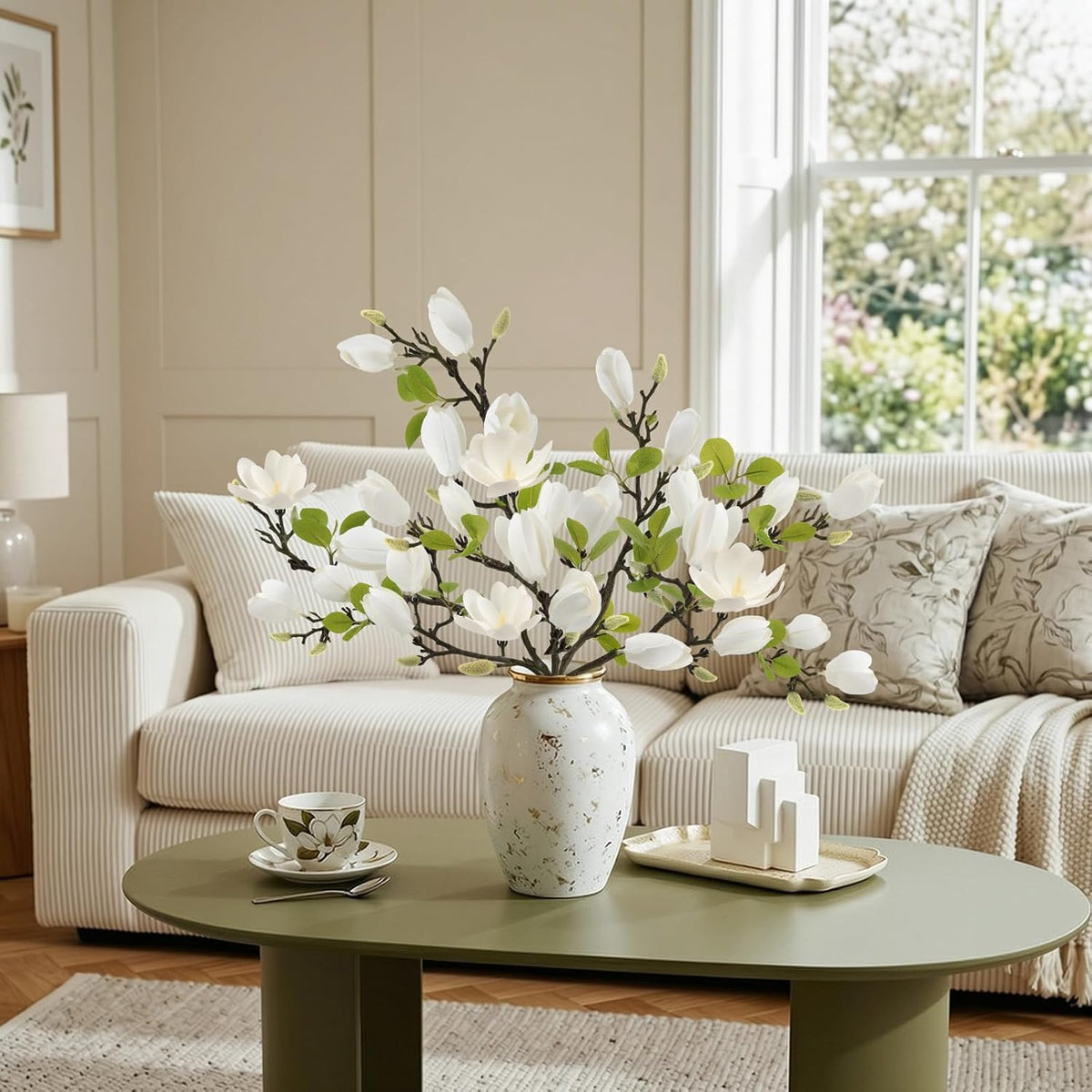 6 Pack Faux Magnolia Stems for Vase, 22" Artificial White Magnolia Flowers Elegant Fake Magnolia Branches for Table Centerpieces Decor, Wedding, Living Room Home Decoration