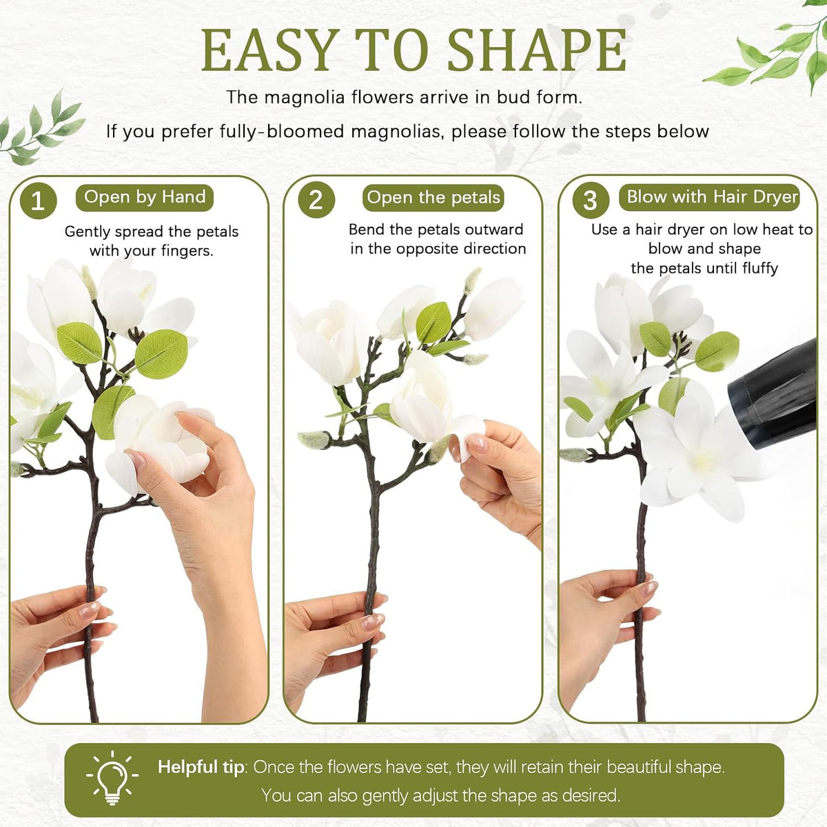 6 Pack Faux Magnolia Stems for Vase, 22" Artificial White Magnolia Flowers Elegant Fake Magnolia Branches for Table Centerpieces Decor, Wedding, Living Room Home Decoration