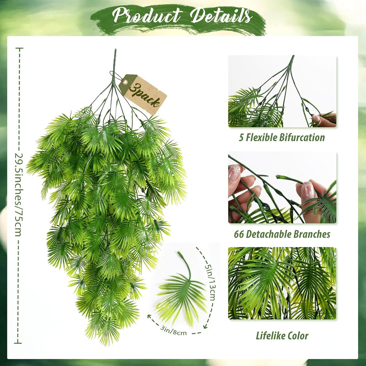 3Pc Artificial Hanging Palm Leaves 29.5In Plastic Monstera Plants