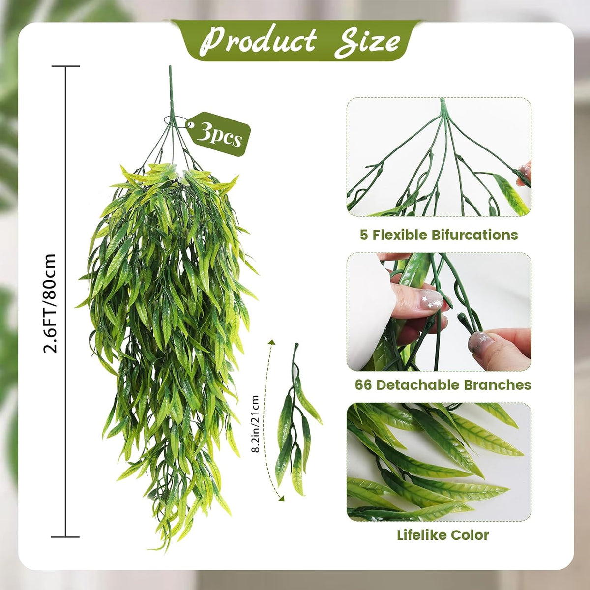 3Pc Artificial Hanging Palm Leaves 29.5In Plastic Monstera Plants