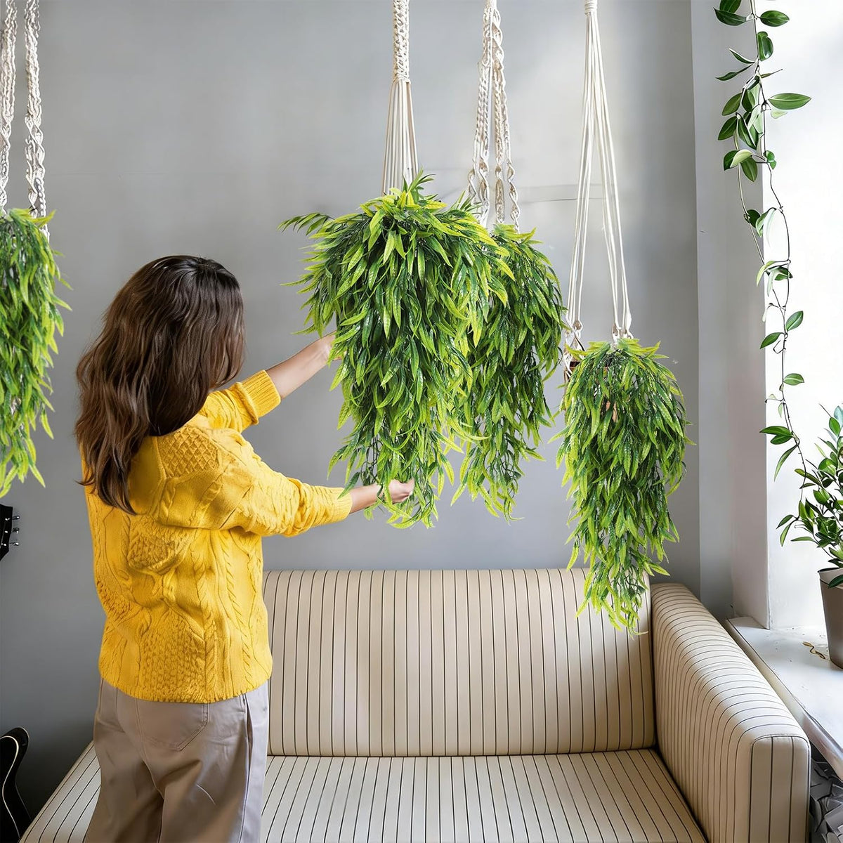 3Pc Artificial Hanging Palm Leaves 29.5In Plastic Monstera Plants