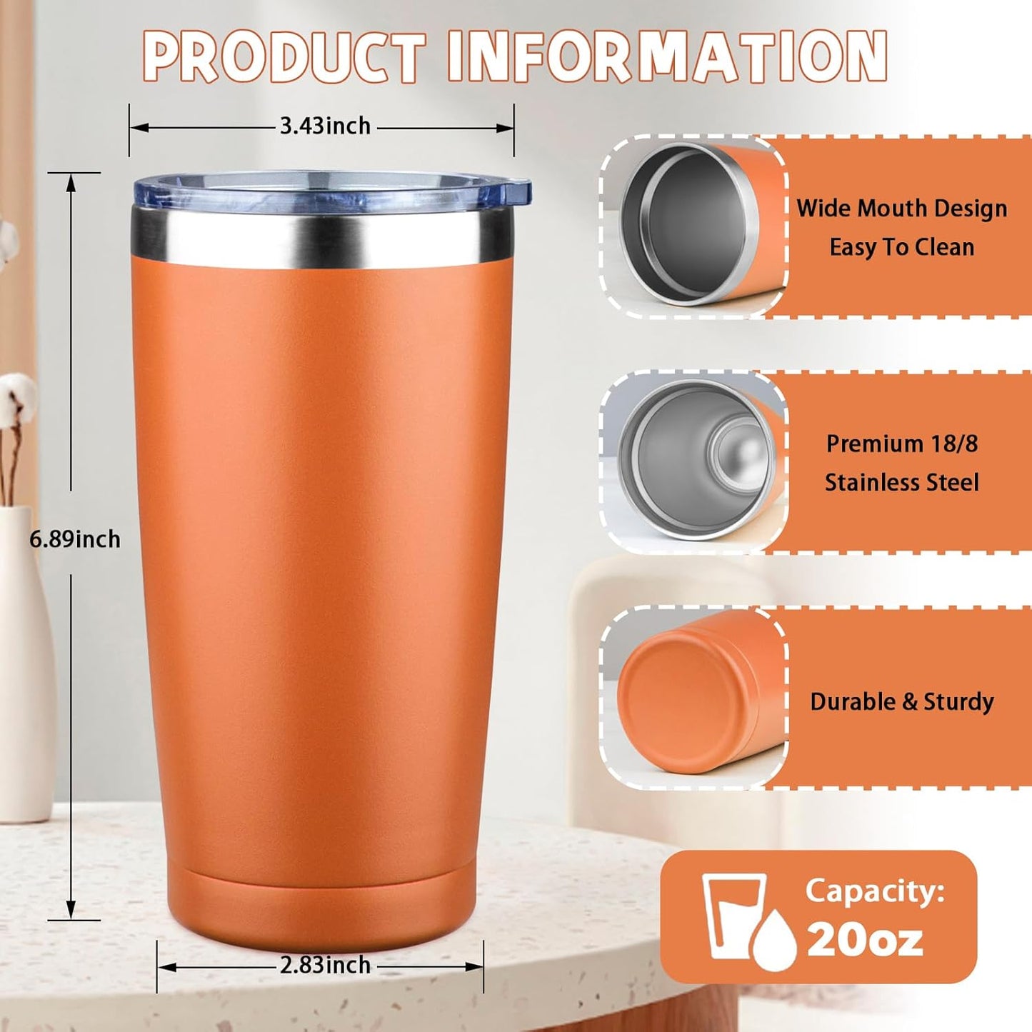 20 oz Tumbler with Lids and Straws, Stainless Steel Insulated Coffee Tumbler, Double Wall Vacuum Insulated Travel Mug Cup, Leakproof Thermal Coffee Cup for Hot and Cold Drinks (Yellow)