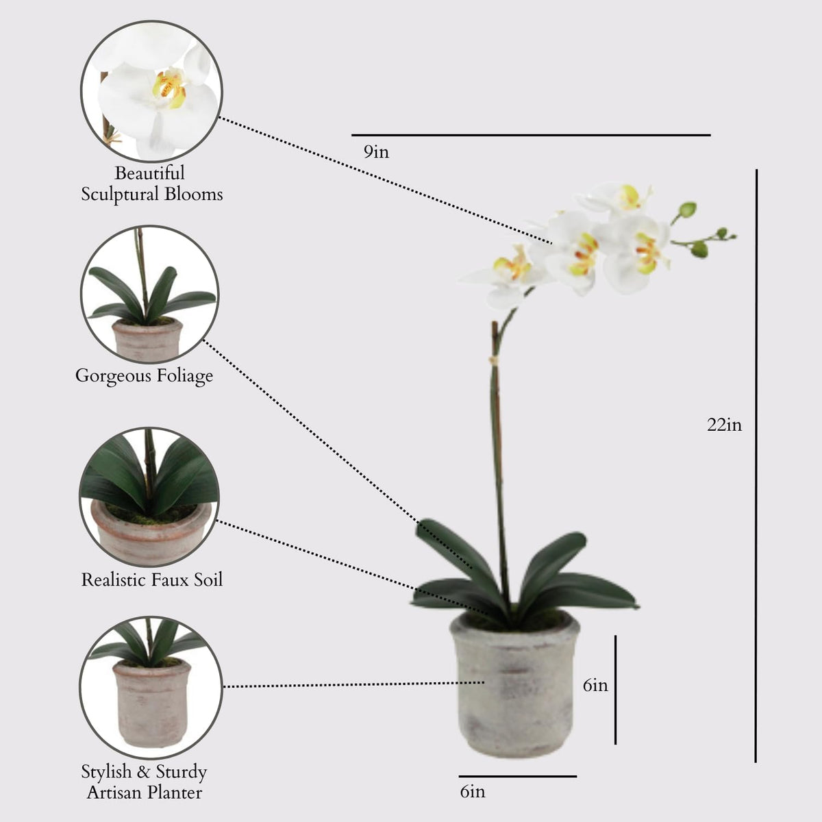 Faux Orchid Plant w/Succulents, 24 in, Grey, Home Decor