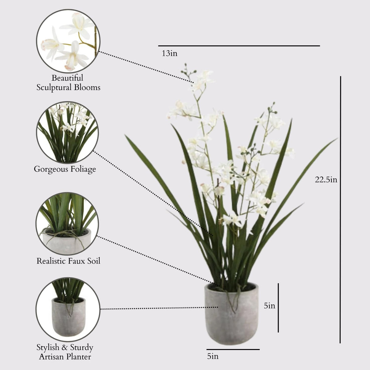 Faux Orchid Plant w/Succulents, 24 in, Grey, Home Decor