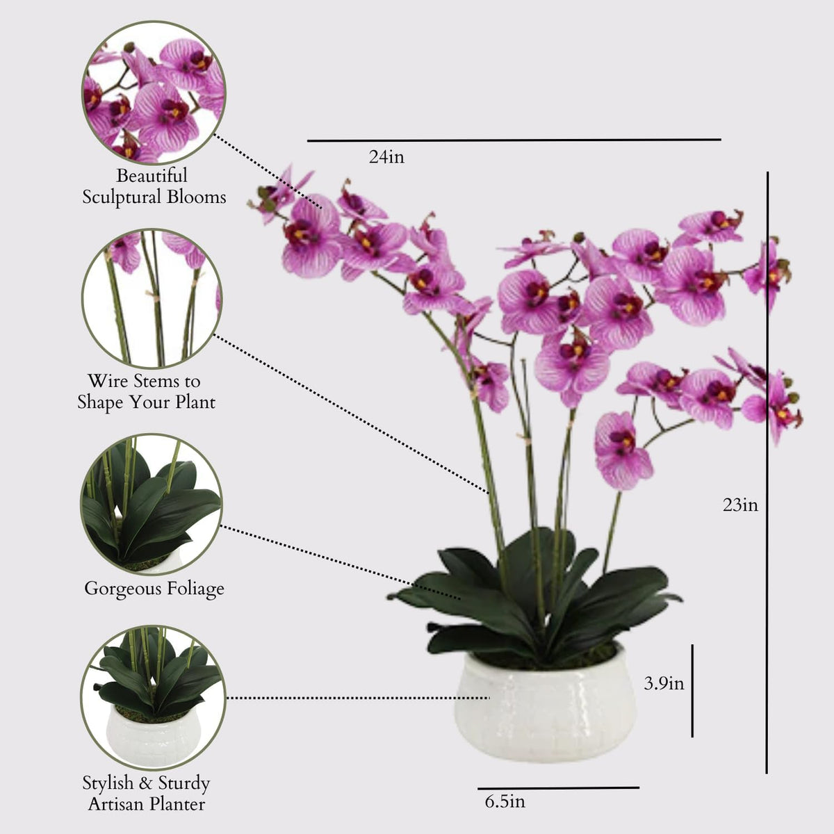 Faux Orchid Plant w/Succulents, 24 in, Grey, Home Decor