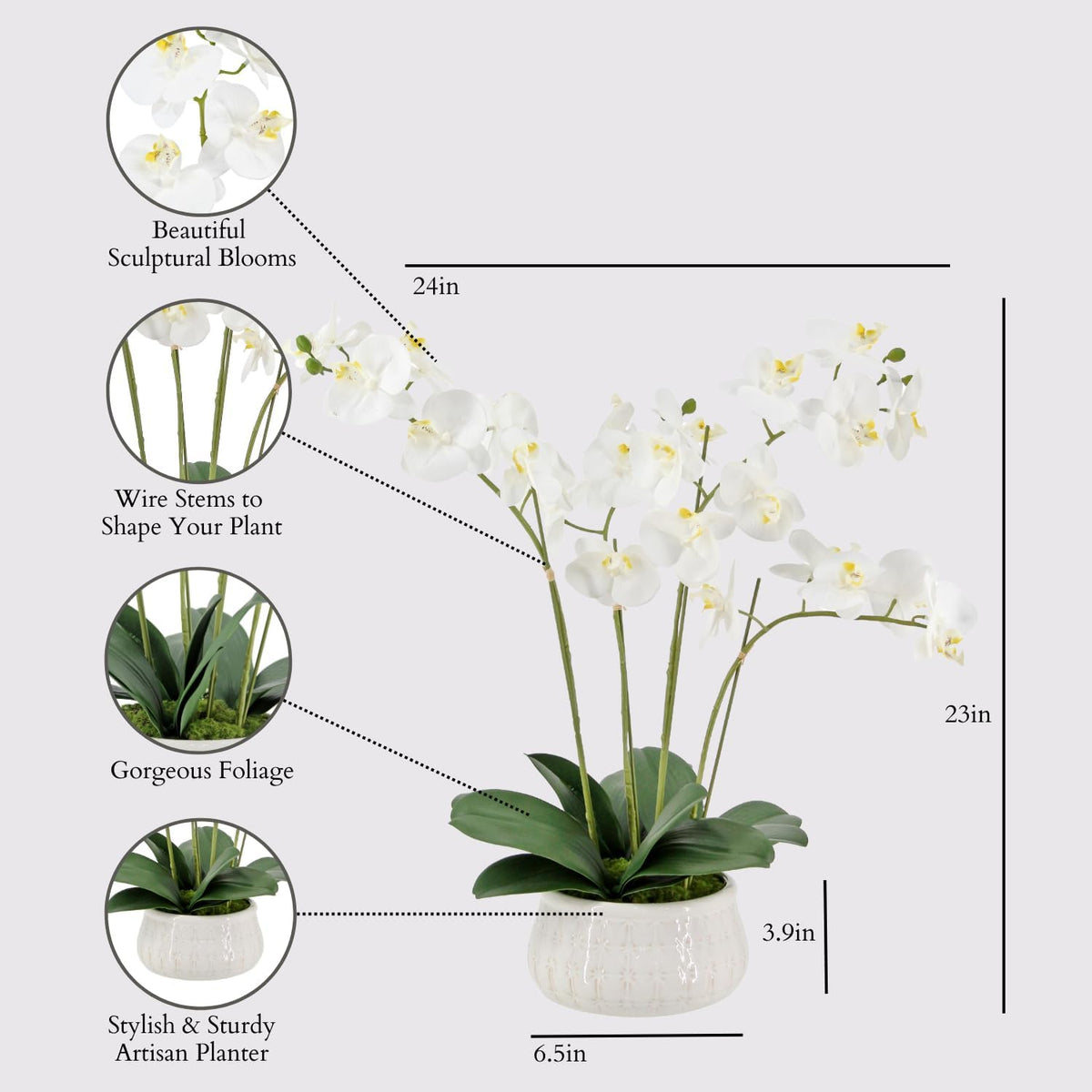 Faux Orchid Plant w/Succulents, 24 in, Grey, Home Decor