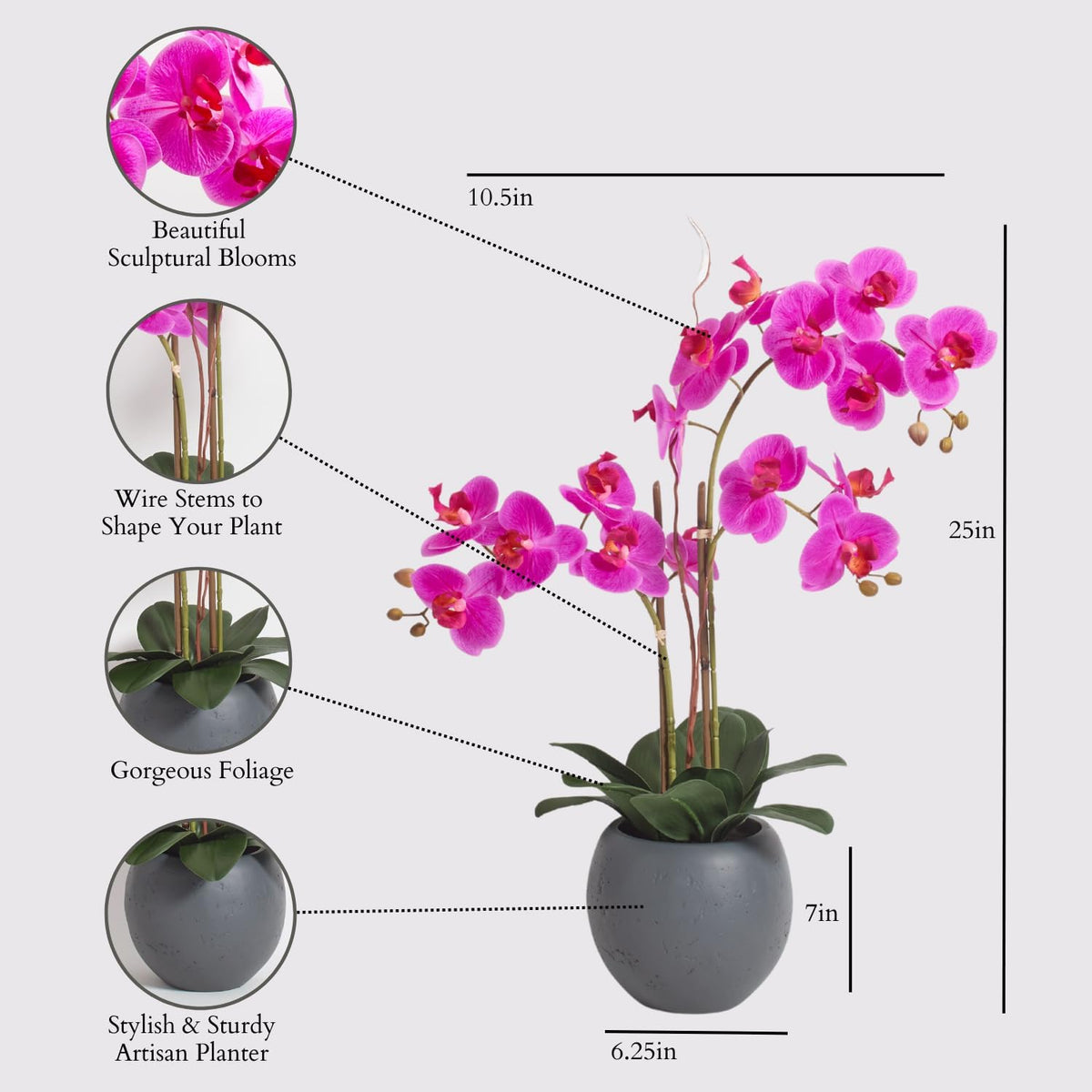 Faux Orchid Plant w/Succulents, 24 in, Grey, Home Decor