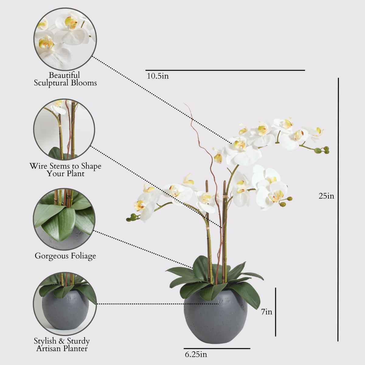 Faux Orchid Plant w/Succulents, 24 in, Grey, Home Decor