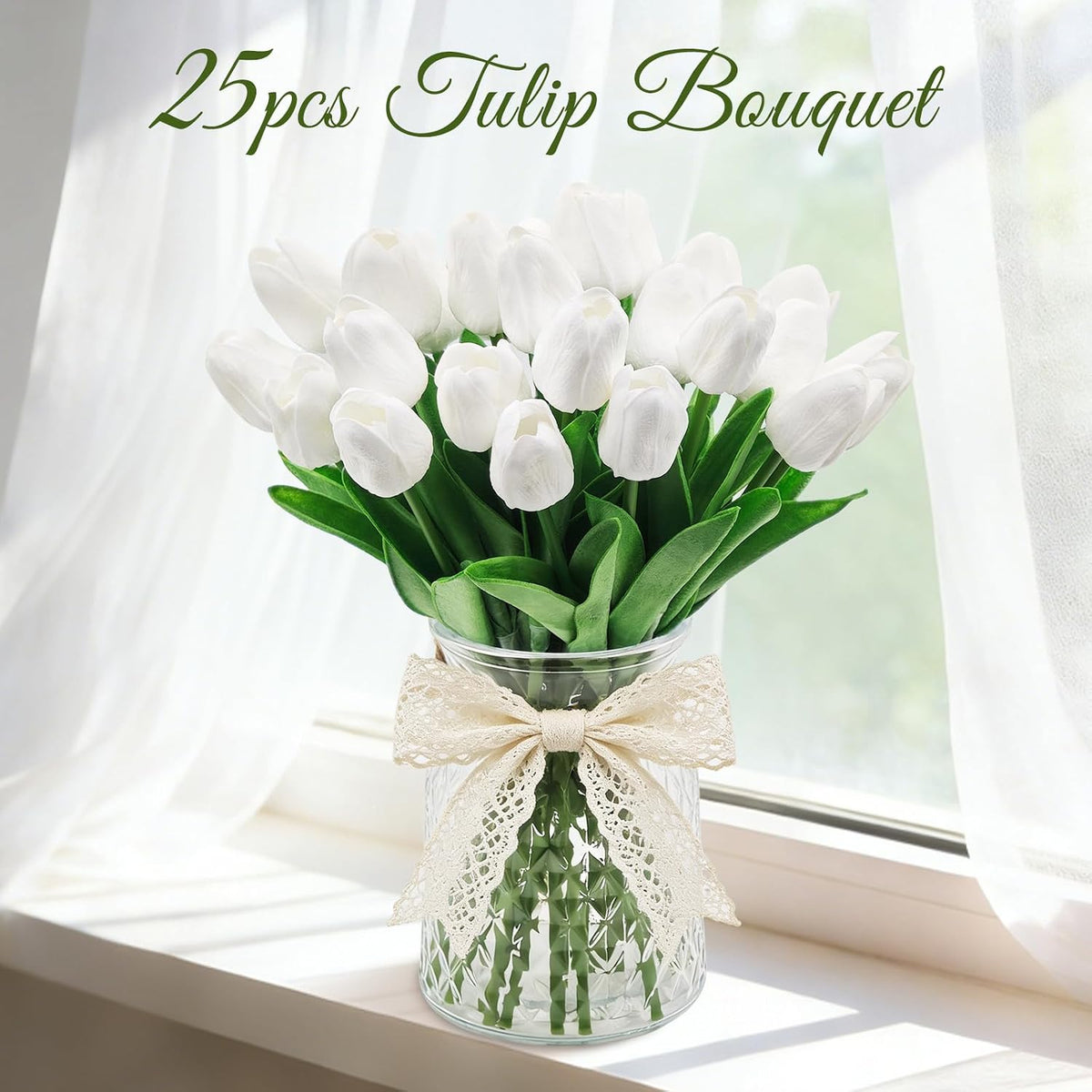 25Pcs Artificial Tulips, Real Touch Faux Tulips Artificial Flowers (White)