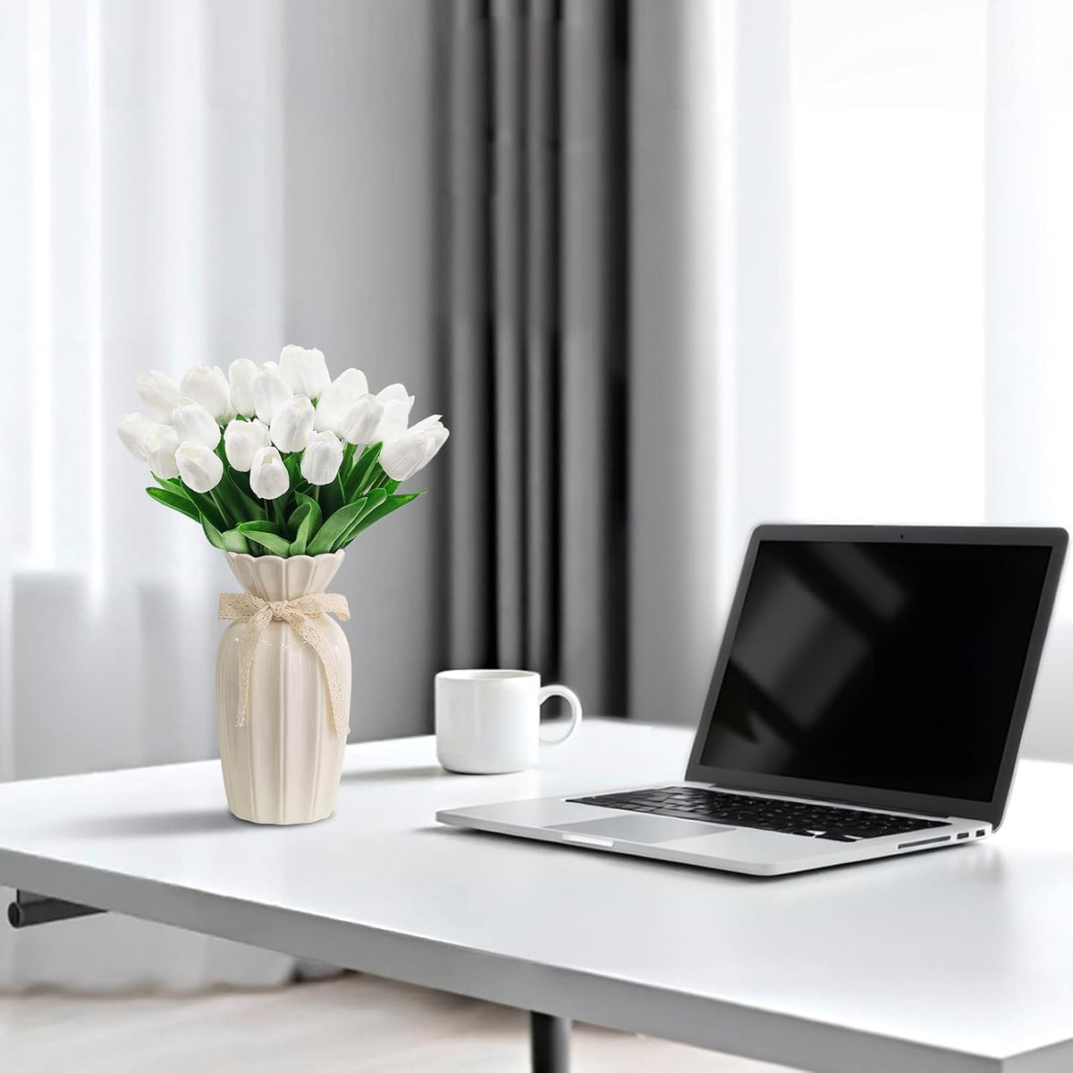 25Pcs Artificial Tulips, Real Touch Faux Tulips Artificial Flowers (White)