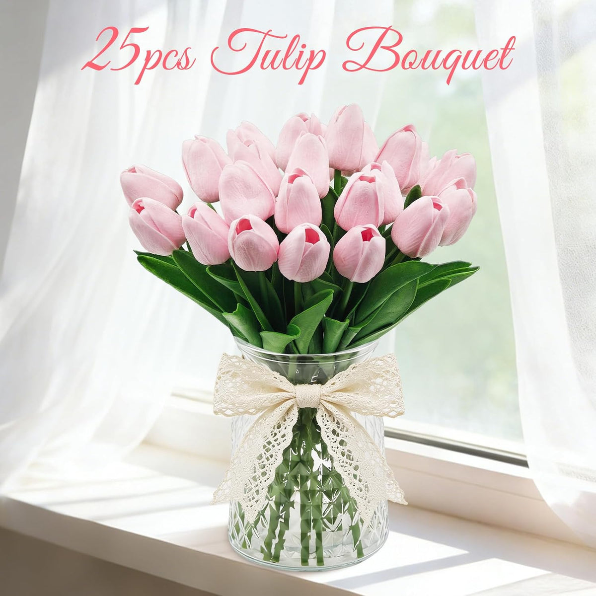 25Pcs Artificial Tulips, Real Touch Faux Tulips Artificial Flowers (White)