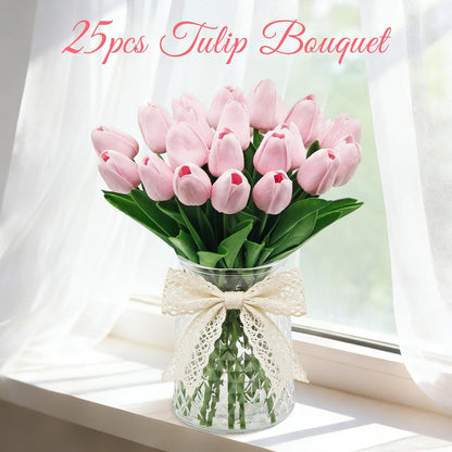 25Pcs Artificial Tulips, Real Touch Faux Tulips Artificial Flowers (White)