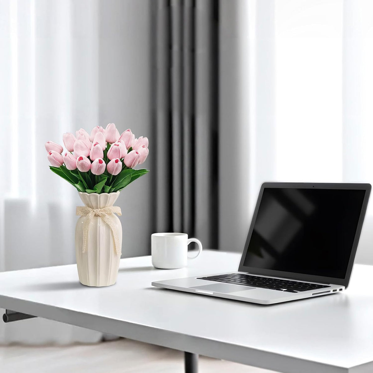 25Pcs Artificial Tulips, Real Touch Faux Tulips Artificial Flowers (White)
