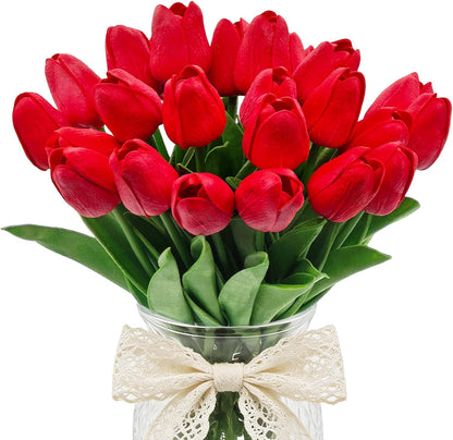 25Pcs Artificial Tulips, Real Touch Faux Tulips Artificial Flowers (White)