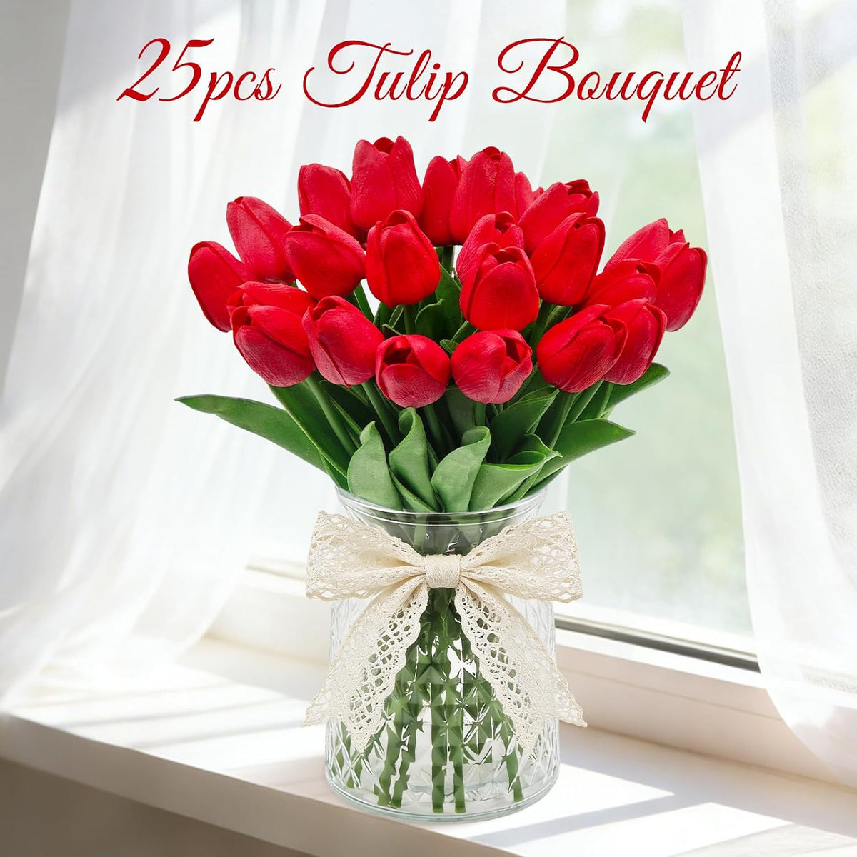 25Pcs Artificial Tulips, Real Touch Faux Tulips Artificial Flowers (White)