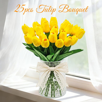 25Pcs Artificial Tulips, Real Touch Faux Tulips Artificial Flowers (White)