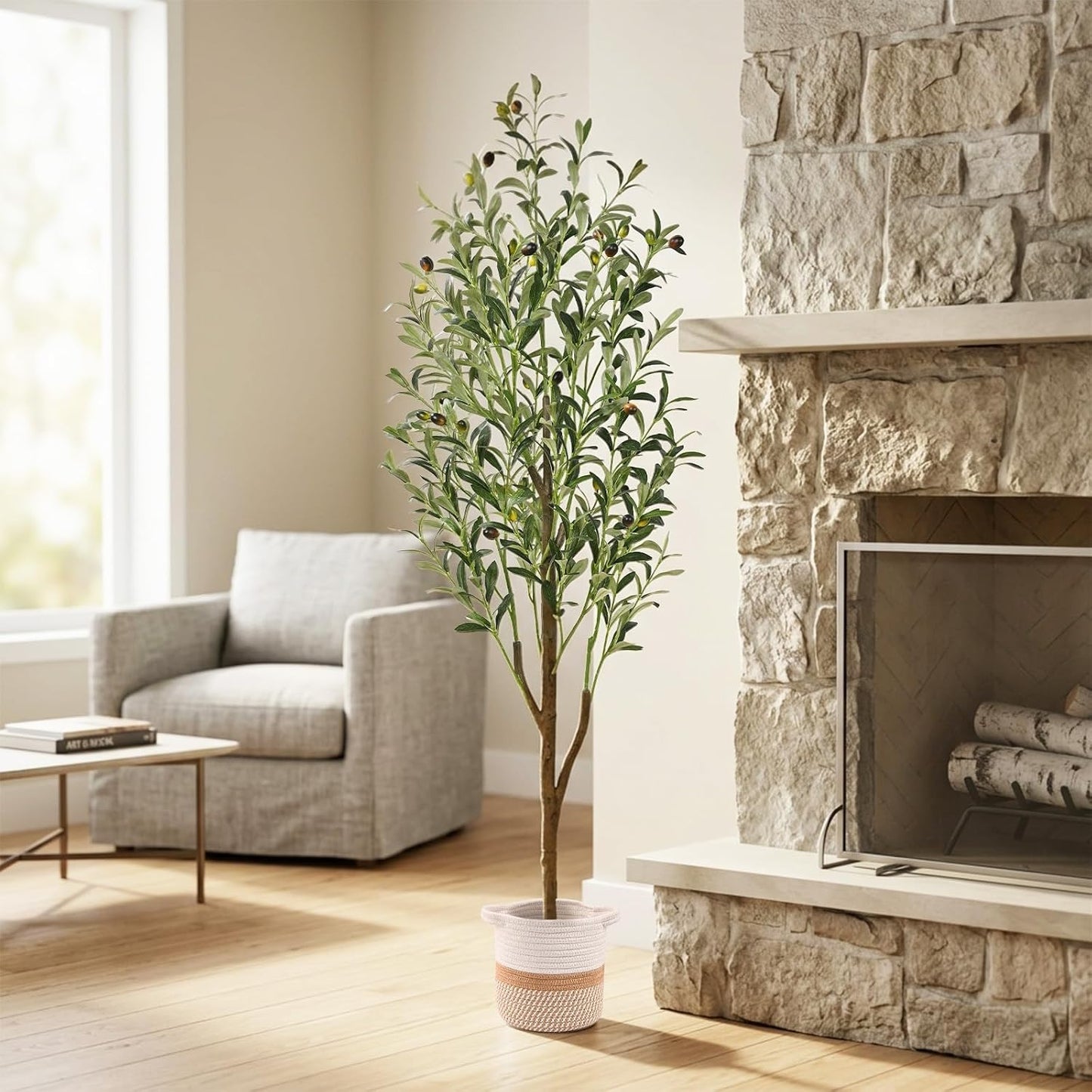 Artificial Olive Tree, 6FT Tall Faux Olive Trees with Planter & Basket, Artificial Plants Indoor with Natural Wood Trunk and Realistic Fruits for Home Decor Office Living Room