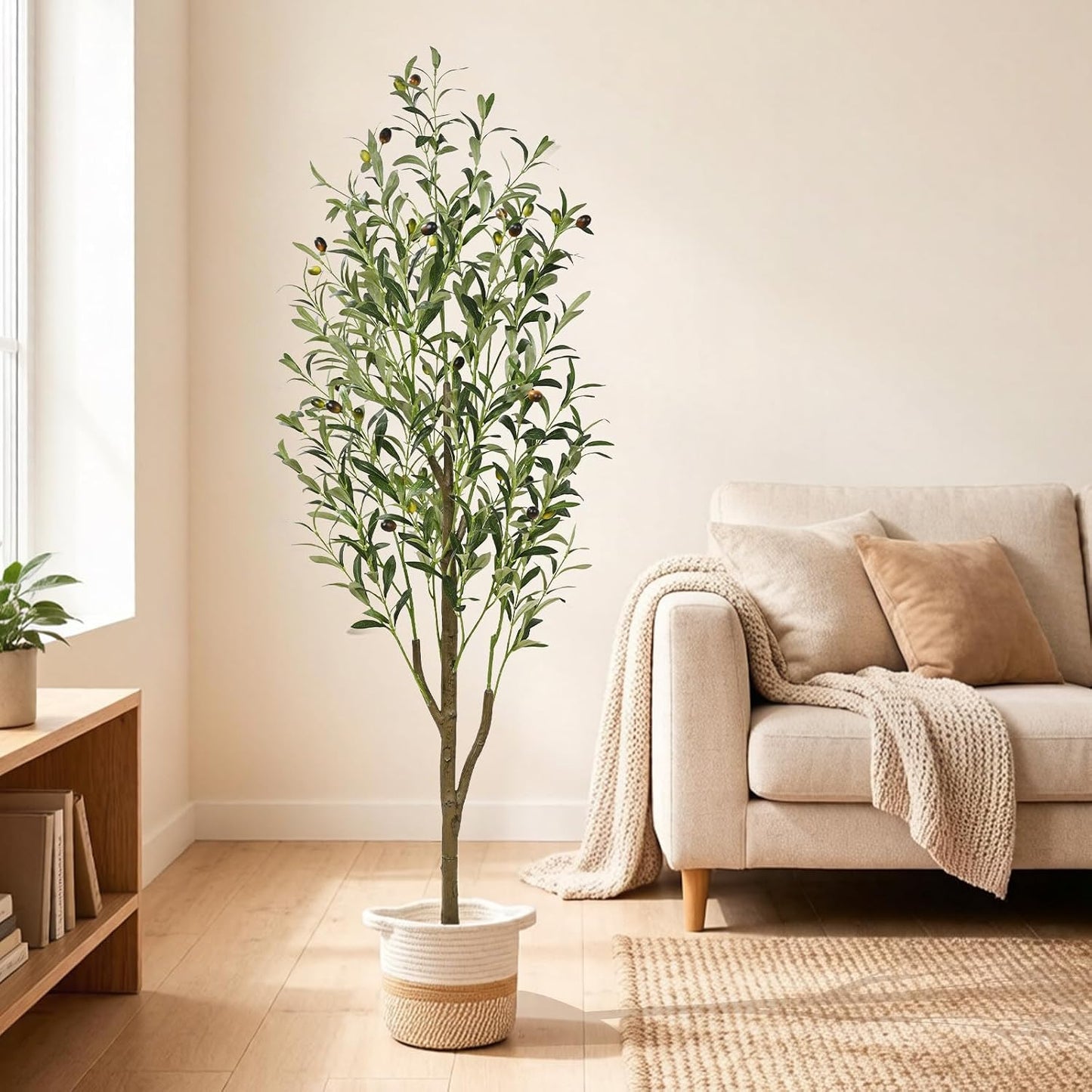 Artificial Olive Tree, 6FT Tall Faux Olive Trees with Planter & Basket, Artificial Plants Indoor with Natural Wood Trunk and Realistic Fruits for Home Decor Office Living Room
