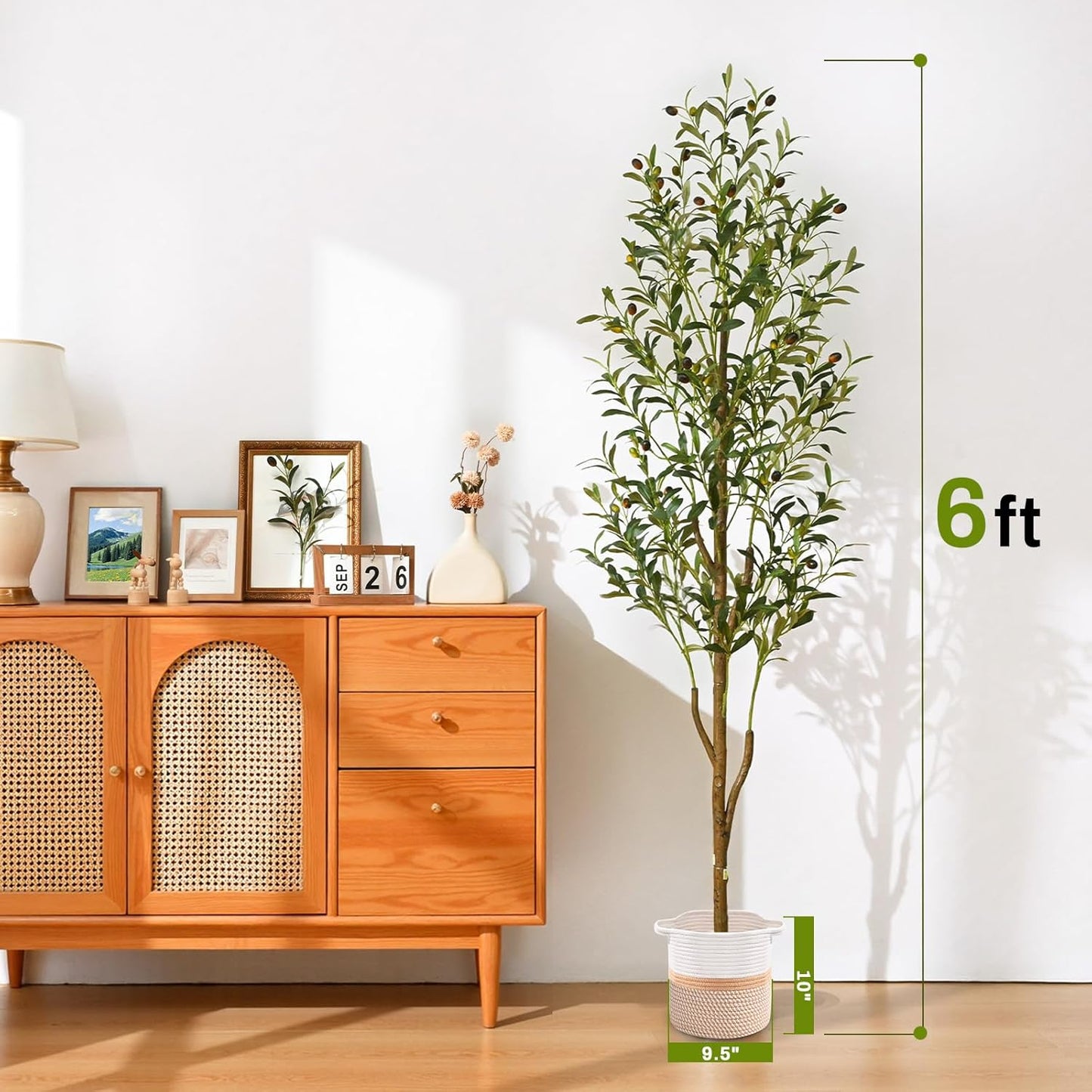 Artificial Olive Tree, 6FT Tall Faux Olive Trees with Planter & Basket, Artificial Plants Indoor with Natural Wood Trunk and Realistic Fruits for Home Decor Office Living Room