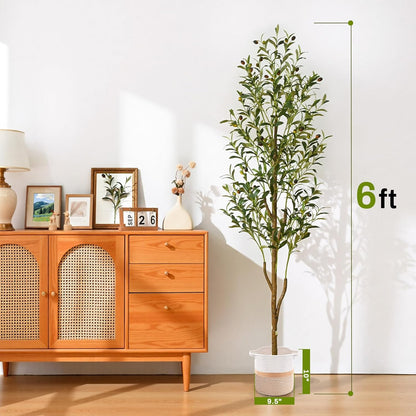 Artificial Olive Tree, 6FT Tall Faux Olive Trees with Planter & Basket, Artificial Plants Indoor with Natural Wood Trunk and Realistic Fruits for Home Decor Office Living Room