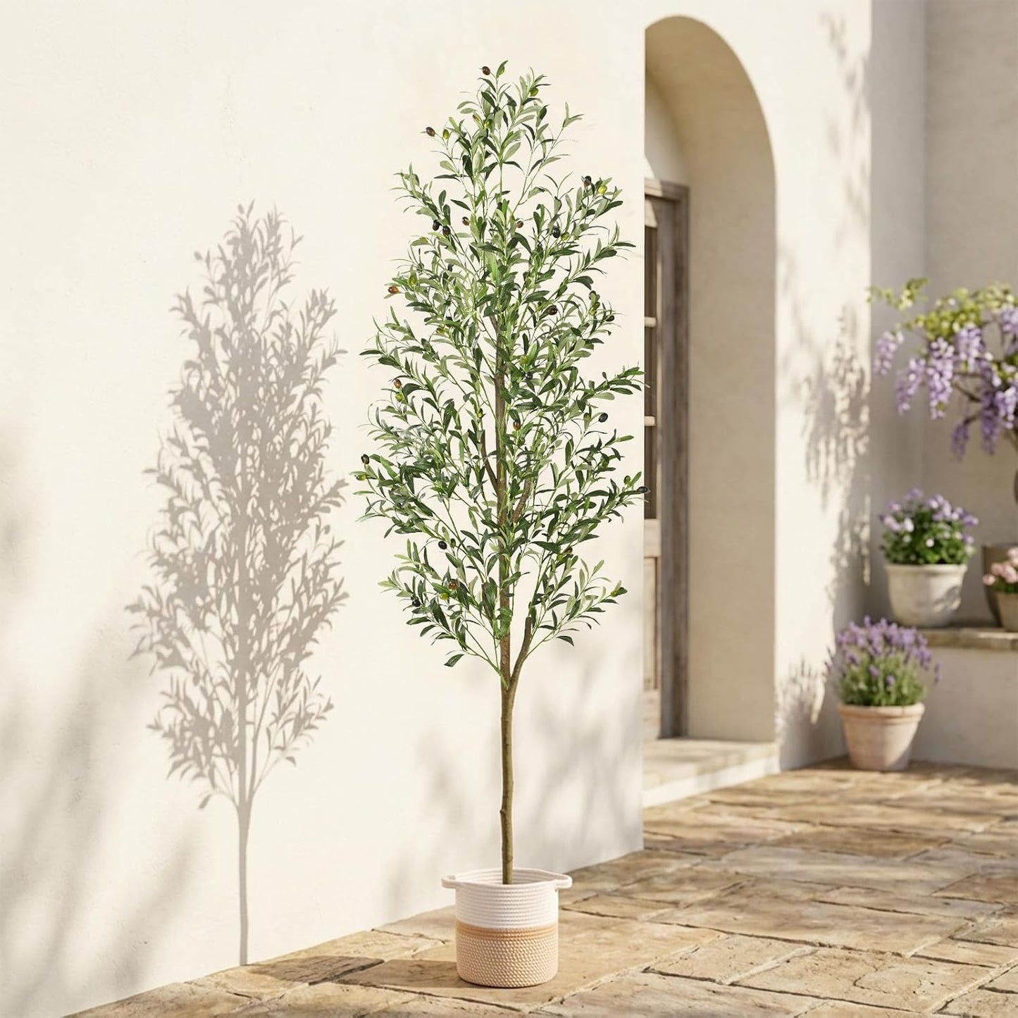 Artificial Olive Tree, 6FT Tall Faux Olive Trees with Planter & Basket, Artificial Plants Indoor with Natural Wood Trunk and Realistic Fruits for Home Decor Office Living Room
