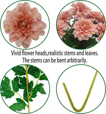 8 Pcs Dahlia Artificial Flowers, 24" Fake Silk Dahlia Flower Bouquets for DIY Wedding Centerpieces Arrangements Bridal Shower Party Home Decorations (8, red Bean Pink)