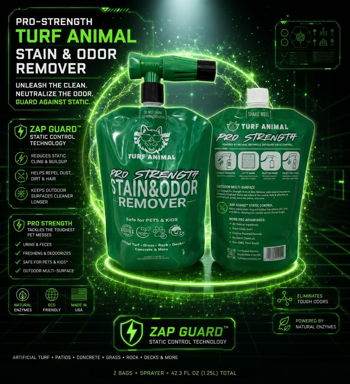 PRO‑STRENGTH Turf Animal Outdoor Pet Odor Remover & Neutralizer for Dogs & Pets – Heavy‑Duty Urine Eliminator for Artificial Turf, Patios & Concrete – Eco‑Friendly – 42.3 fl oz Bag + Sprayer
