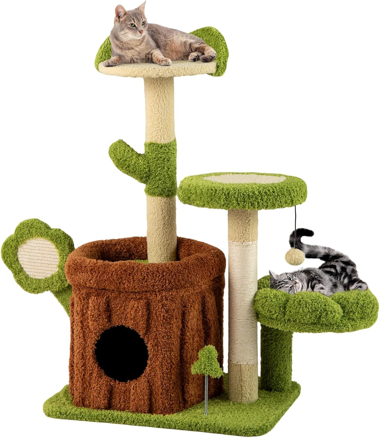 Cute Cat Tree Green Forest, 36 Inch Aesthetic Cat Tower with Sisal Scratching Posts & Board, Trunk Condo, Flower Perch, Plush Napping Bed, Pompom, Spring Toy, Platforms for Indoor Cats