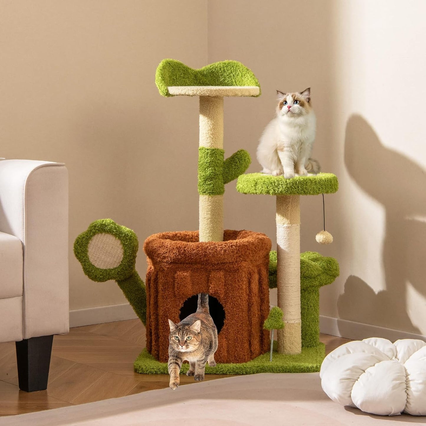 Cute Cat Tree Green Forest, 36 Inch Aesthetic Cat Tower with Sisal Scratching Posts & Board, Trunk Condo, Flower Perch, Plush Napping Bed, Pompom, Spring Toy, Platforms for Indoor Cats