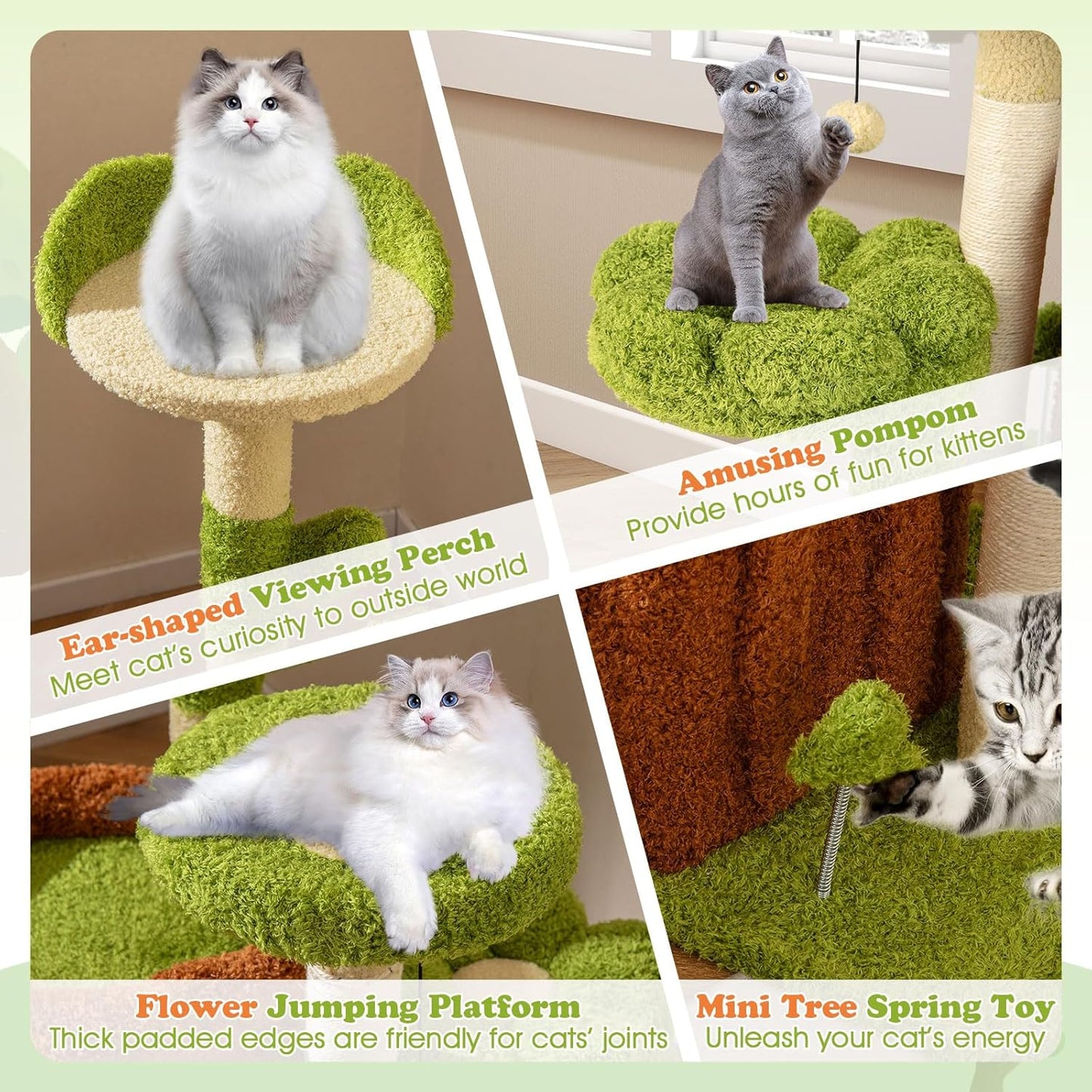 Cute Cat Tree Green Forest, 36 Inch Aesthetic Cat Tower with Sisal Scratching Posts & Board, Trunk Condo, Flower Perch, Plush Napping Bed, Pompom, Spring Toy, Platforms for Indoor Cats