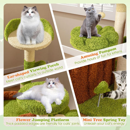 Cute Cat Tree Green Forest, 36 Inch Aesthetic Cat Tower with Sisal Scratching Posts & Board, Trunk Condo, Flower Perch, Plush Napping Bed, Pompom, Spring Toy, Platforms for Indoor Cats