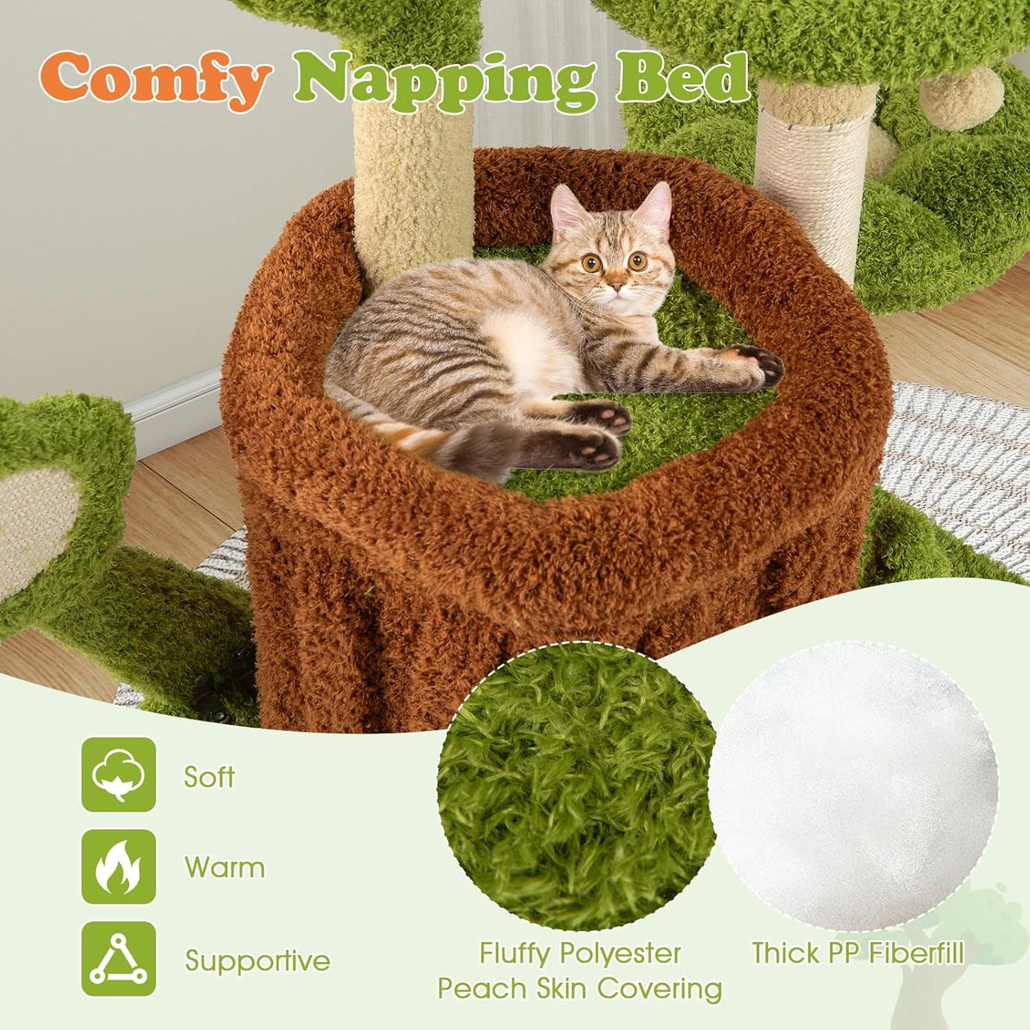 Cute Cat Tree Green Forest, 36 Inch Aesthetic Cat Tower with Sisal Scratching Posts & Board, Trunk Condo, Flower Perch, Plush Napping Bed, Pompom, Spring Toy, Platforms for Indoor Cats