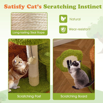 Cute Cat Tree Green Forest, 36 Inch Aesthetic Cat Tower with Sisal Scratching Posts & Board, Trunk Condo, Flower Perch, Plush Napping Bed, Pompom, Spring Toy, Platforms for Indoor Cats