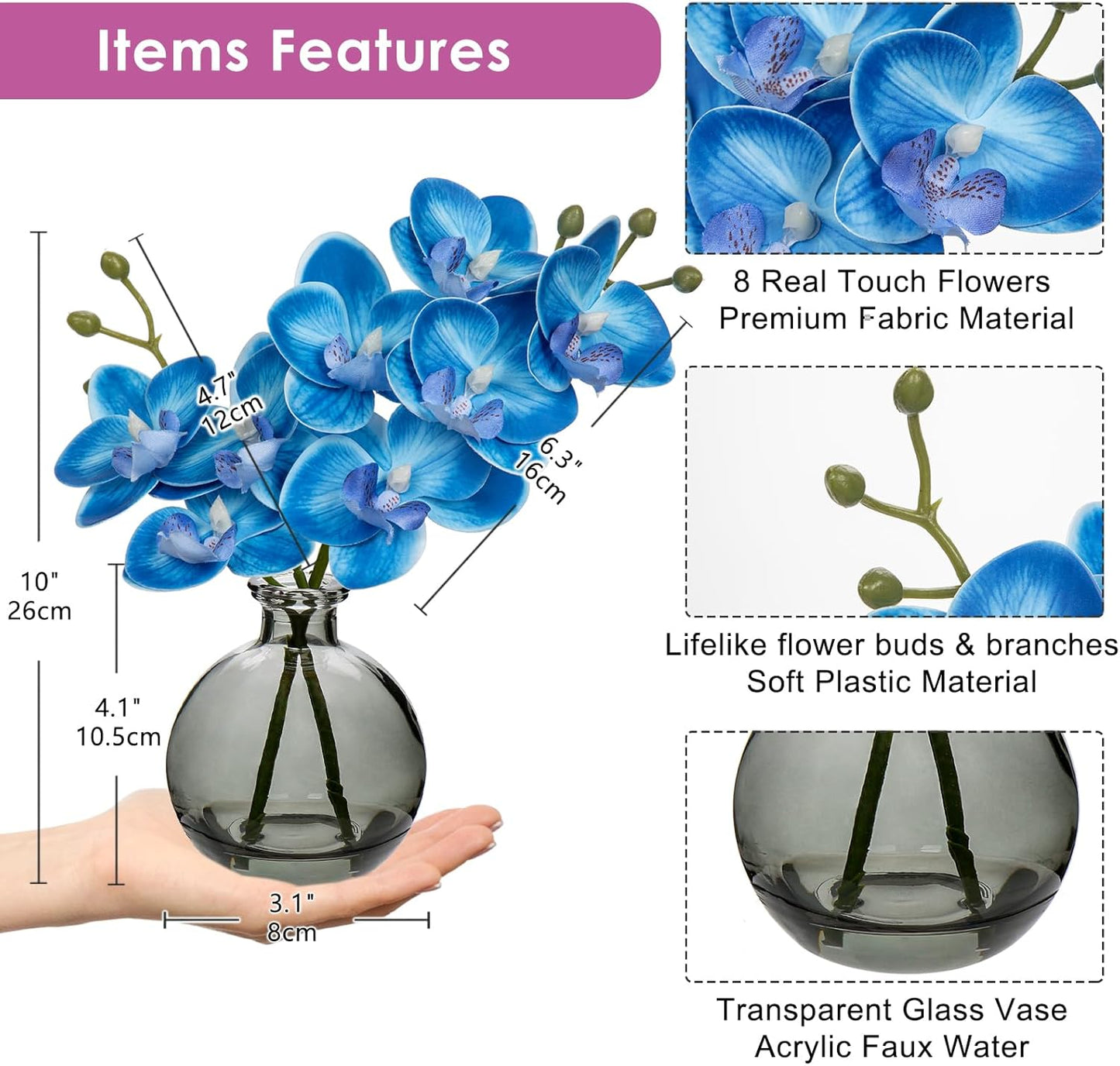 White Orchids Artificial Flowers Faux Orchid Arrangement with Black Glass Vase Set of 2 Real Touch Phalaenopsis Orchid Flowers Orchid Centerpiece for Dining Room Table