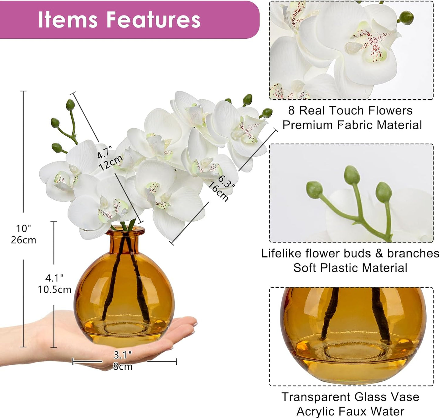 White Orchids Artificial Flowers Faux Orchid Arrangement with Black Glass Vase Set of 2 Real Touch Phalaenopsis Orchid Flowers Orchid Centerpiece for Dining Room Table