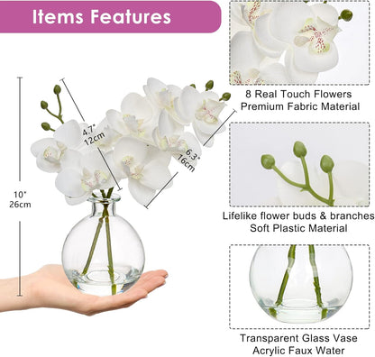White Orchids Artificial Flowers Faux Orchid Arrangement with Black Glass Vase Set of 2 Real Touch Phalaenopsis Orchid Flowers Orchid Centerpiece for Dining Room Table