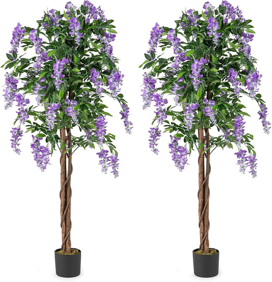 5.5FT Fake Wisteria Plant, Tall Artificial Tree in Nursery Pot with Rosy Flowers, Solid Wood Trunk, Realistic Moss, Potted Greenery Plant for Indoor Outdoor Home Office Porch