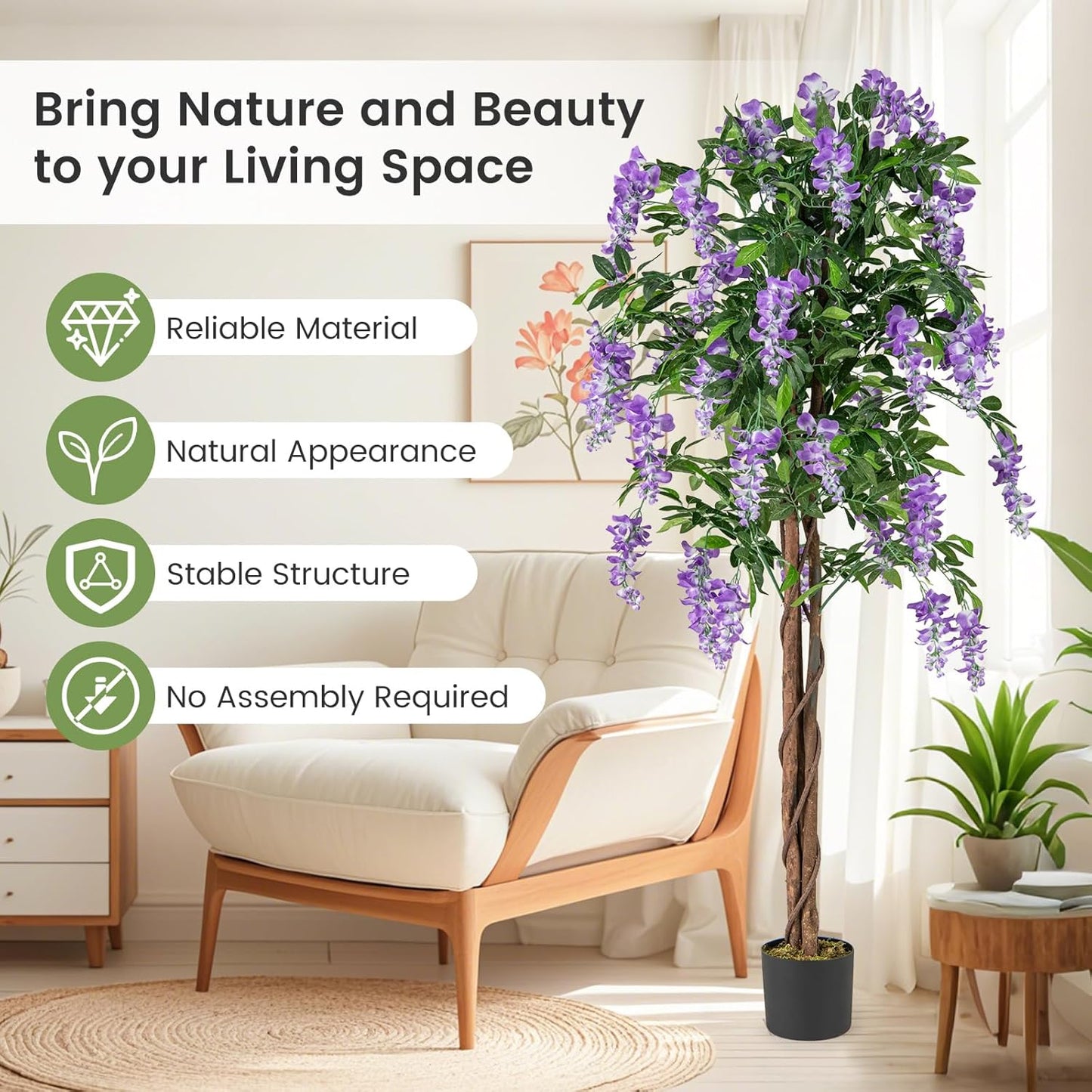 5.5FT Fake Wisteria Plant, Tall Artificial Tree in Nursery Pot with Rosy Flowers, Solid Wood Trunk, Realistic Moss, Potted Greenery Plant for Indoor Outdoor Home Office Porch