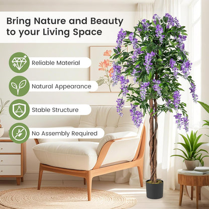 5.5FT Fake Wisteria Plant, Tall Artificial Tree in Nursery Pot with Rosy Flowers, Solid Wood Trunk, Realistic Moss, Potted Greenery Plant for Indoor Outdoor Home Office Porch
