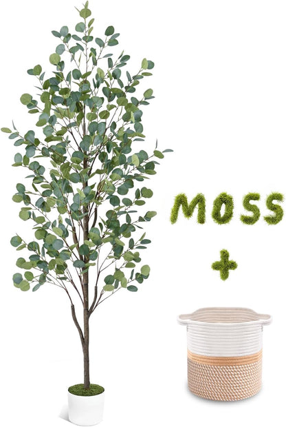 6FT Fake Eucalyptus Tree with Natural Wood Trunk, Artificial Eucalyptus Tree with Planter & Basket, Tall Faux Plant for Living Room Office Bedroom Indoor Outdoor Decor