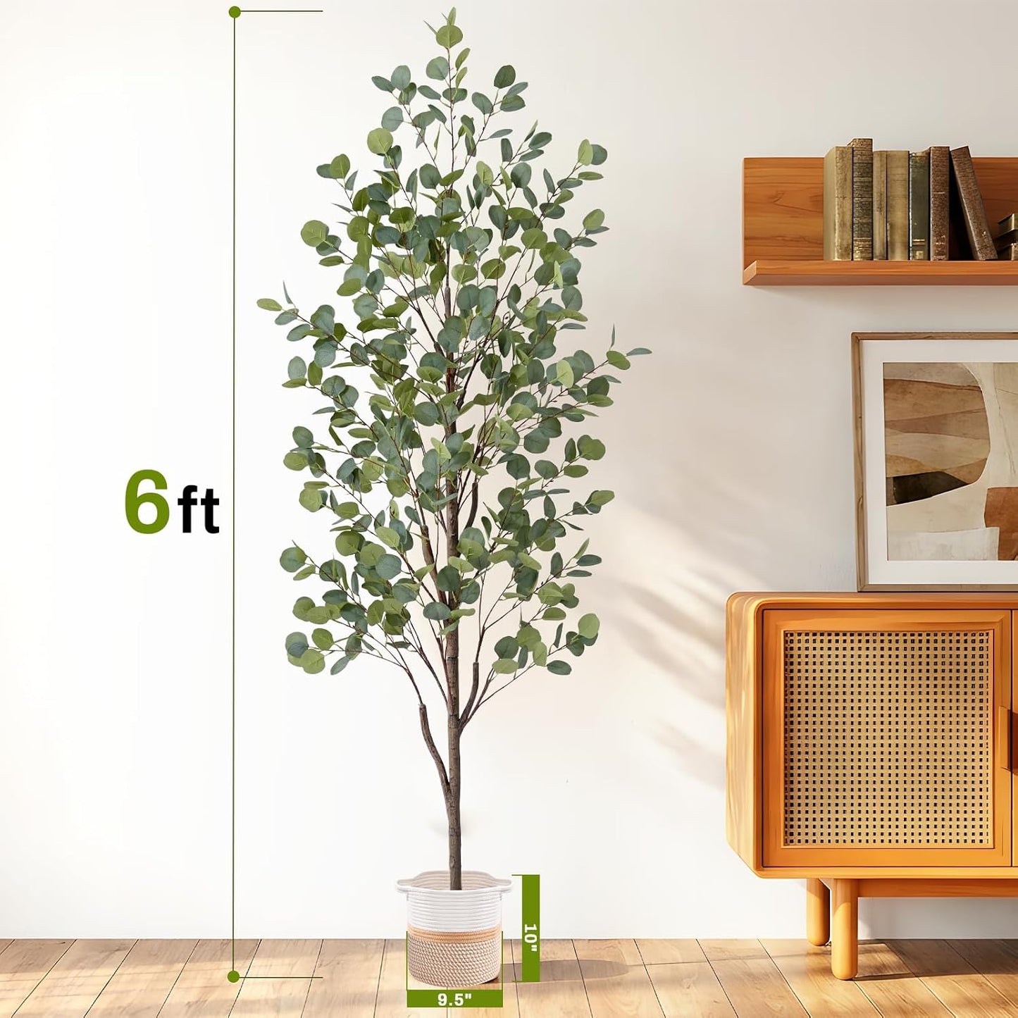 6FT Fake Eucalyptus Tree with Natural Wood Trunk, Artificial Eucalyptus Tree with Planter & Basket, Tall Faux Plant for Living Room Office Bedroom Indoor Outdoor Decor