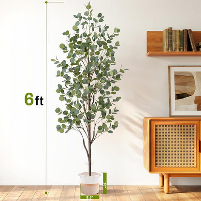 6FT Fake Eucalyptus Tree with Natural Wood Trunk, Artificial Eucalyptus Tree with Planter & Basket, Tall Faux Plant for Living Room Office Bedroom Indoor Outdoor Decor