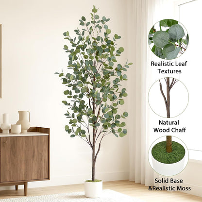 6FT Fake Eucalyptus Tree with Natural Wood Trunk, Artificial Eucalyptus Tree with Planter & Basket, Tall Faux Plant for Living Room Office Bedroom Indoor Outdoor Decor