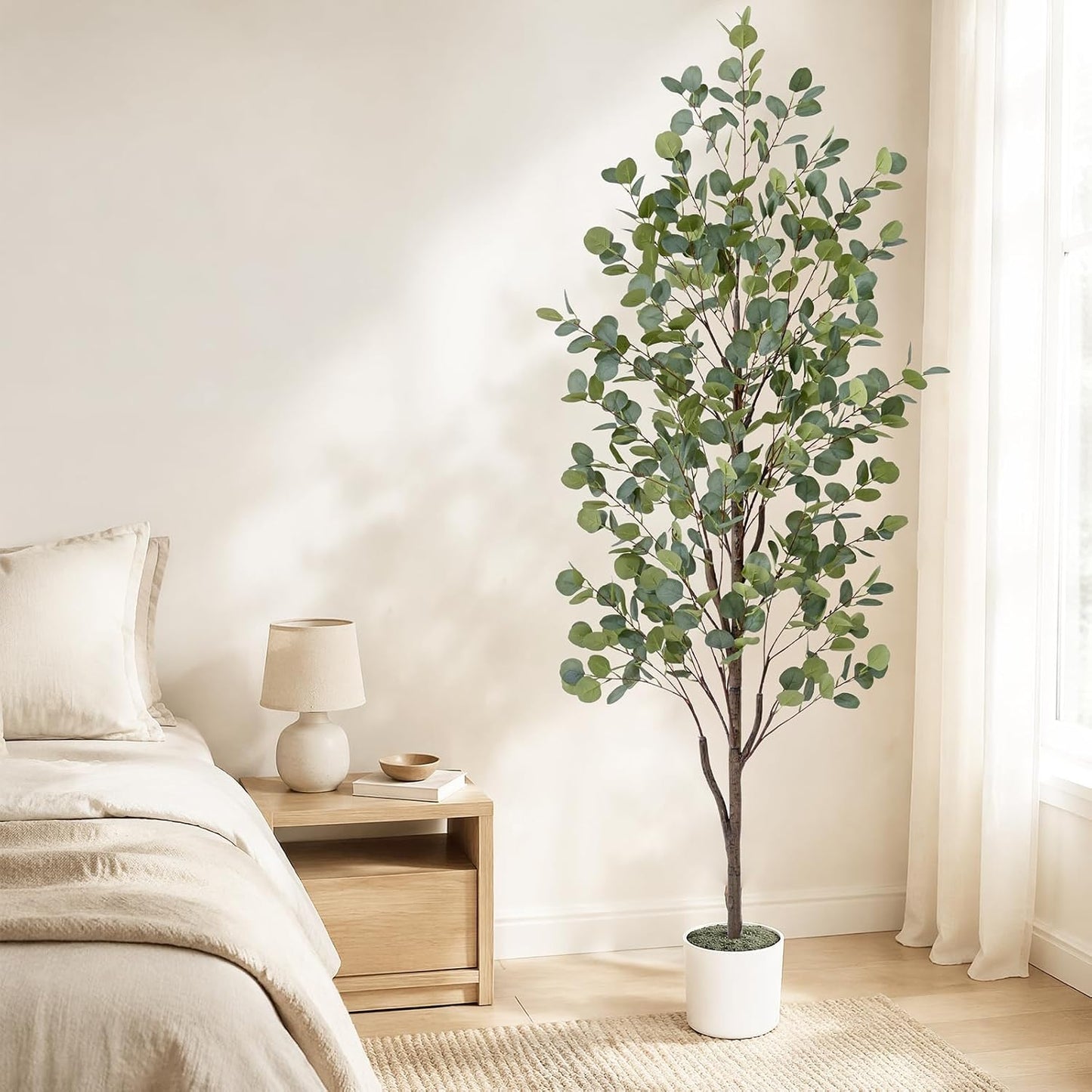 6FT Fake Eucalyptus Tree with Natural Wood Trunk, Artificial Eucalyptus Tree with Planter & Basket, Tall Faux Plant for Living Room Office Bedroom Indoor Outdoor Decor