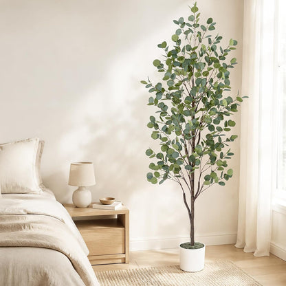 6FT Fake Eucalyptus Tree with Natural Wood Trunk, Artificial Eucalyptus Tree with Planter & Basket, Tall Faux Plant for Living Room Office Bedroom Indoor Outdoor Decor