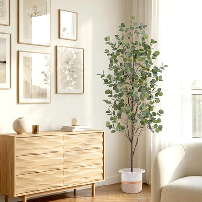6FT Fake Eucalyptus Tree with Natural Wood Trunk, Artificial Eucalyptus Tree with Planter & Basket, Tall Faux Plant for Living Room Office Bedroom Indoor Outdoor Decor