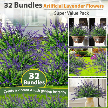 32 Bundles Faux Lavender Plants Outdoor, UV Resistant Fake Lavender Flower | Artificial Lavender Flowers with Monkey Grass for Garden, Patio, Planter, Hanging Basket, Front Porch, Pathway Décor, Purple