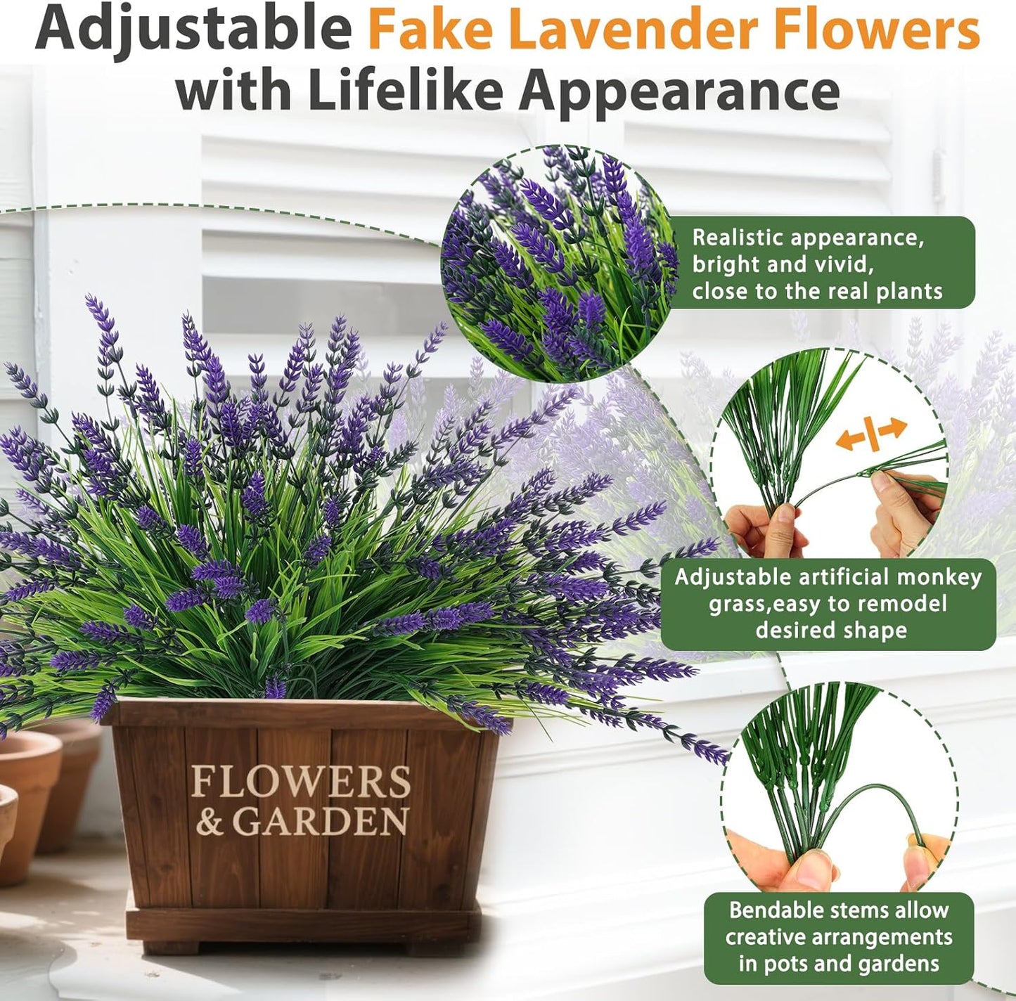 32 Bundles Faux Lavender Plants Outdoor, UV Resistant Fake Lavender Flower | Artificial Lavender Flowers with Monkey Grass for Garden, Patio, Planter, Hanging Basket, Front Porch, Pathway Décor, Purple