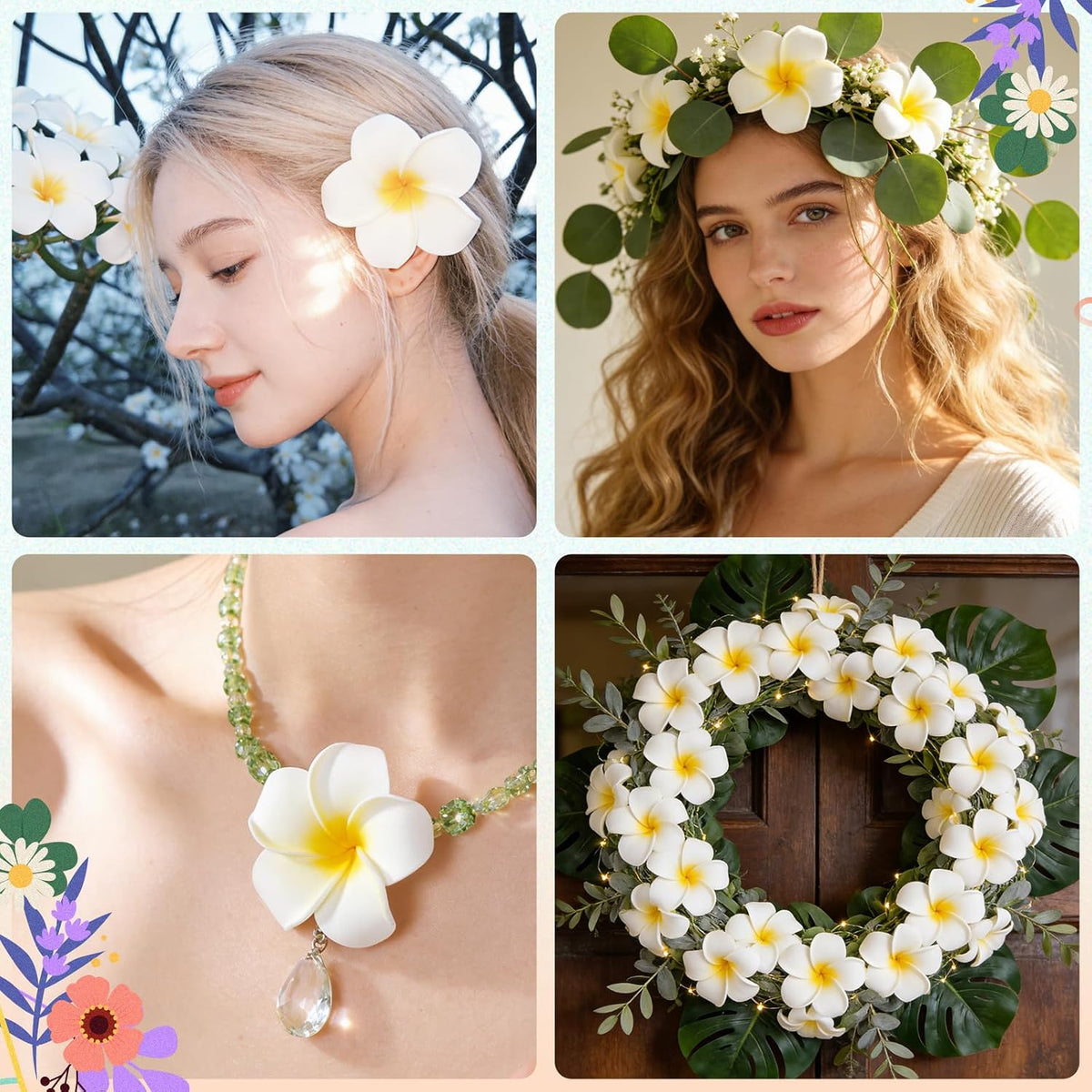 48Pcs Artificial Plumeria Flowers,5 CM White Foam Frangipani Flowers